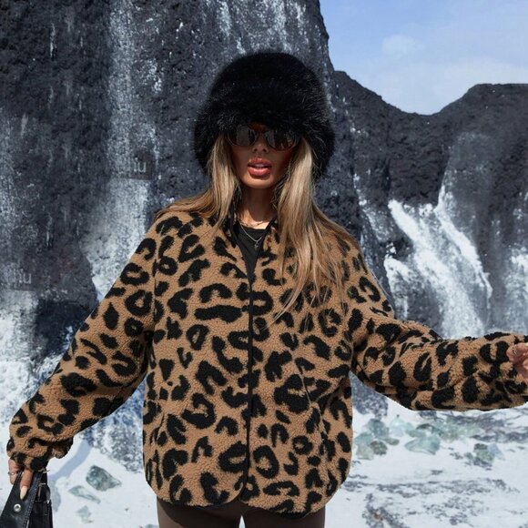 Casual Women's Street Style Random Leopard Fluffy Trim Short Jacket Coat - Picture 8 of 8